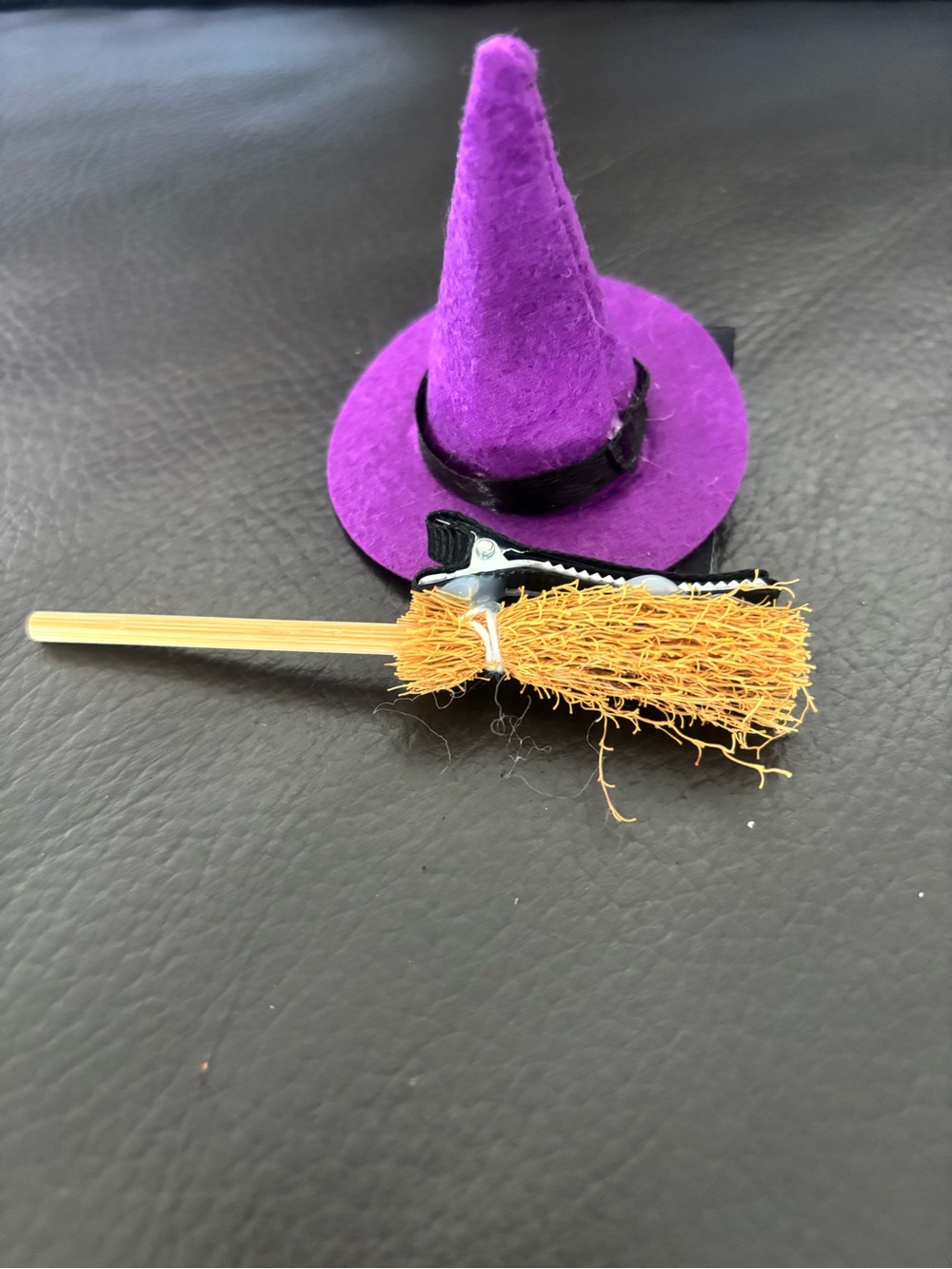 Purple Mini Witch Hat and Broom Hair Clip Set